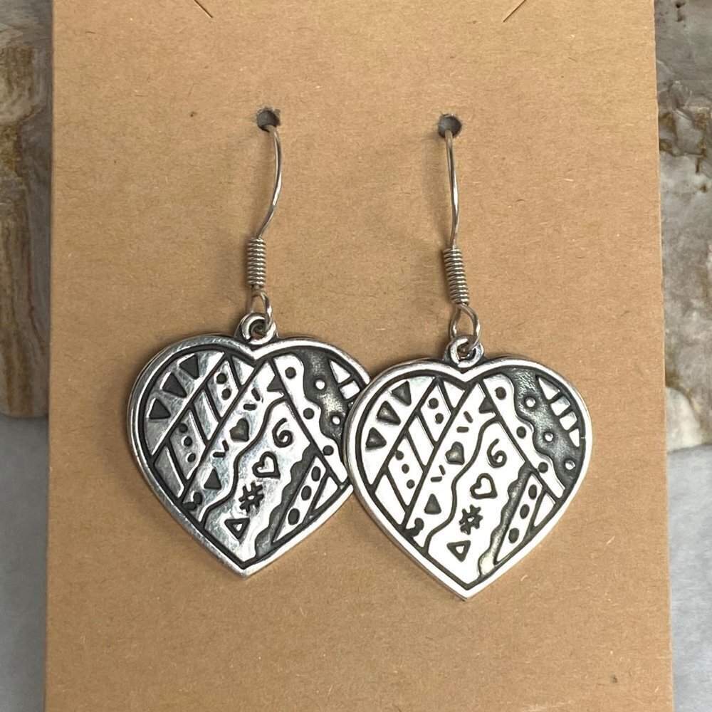 Sterling Silver 925 Mexico Oxidized Geometric Pattern Heart Dangle Earrings